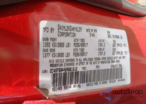 2005 Chrysler Pacifica Touring z USA, uszkodzony, nr VIN 2C4GF68445R661616